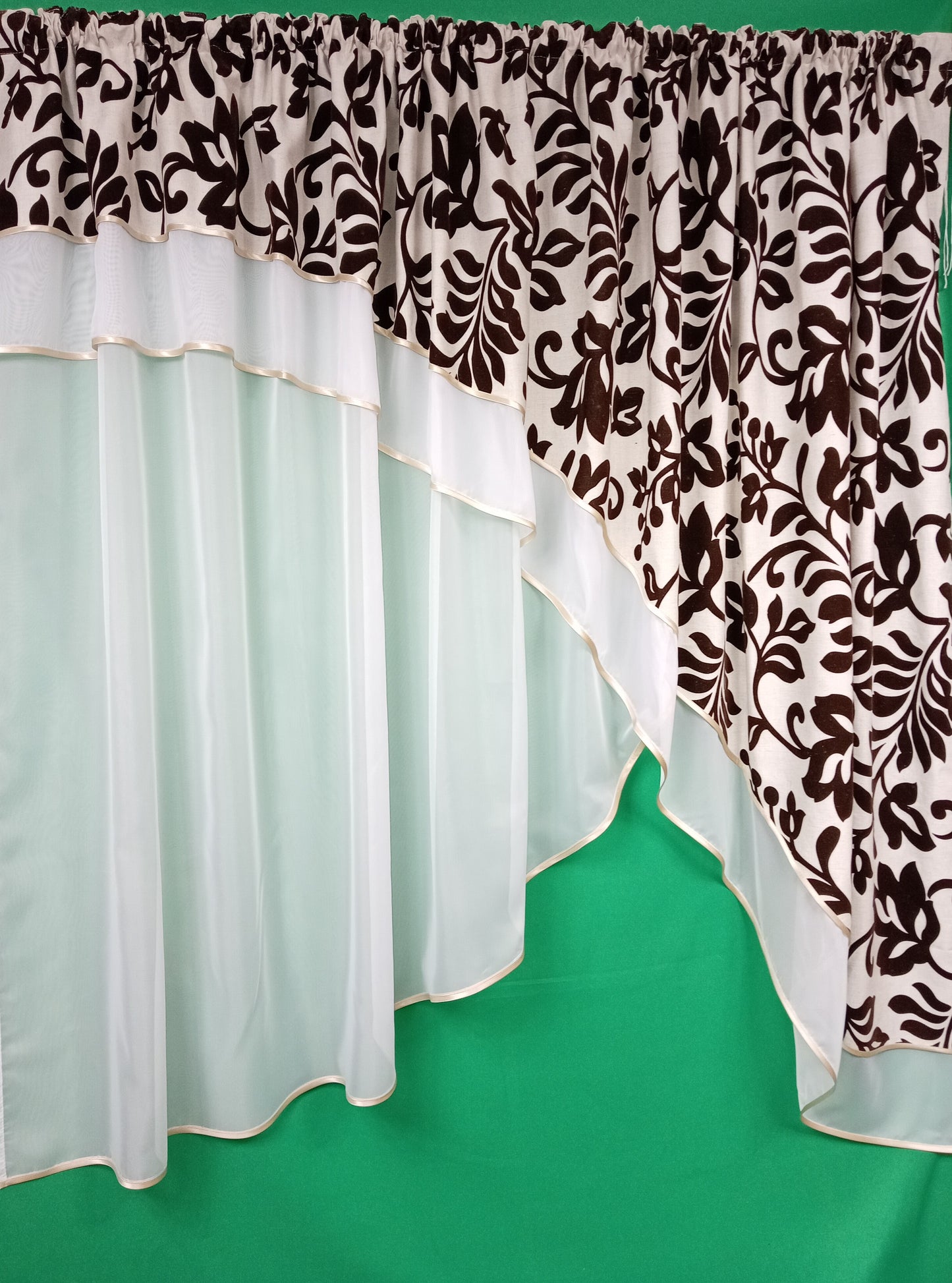 A fancy curtain made of two different fabrics